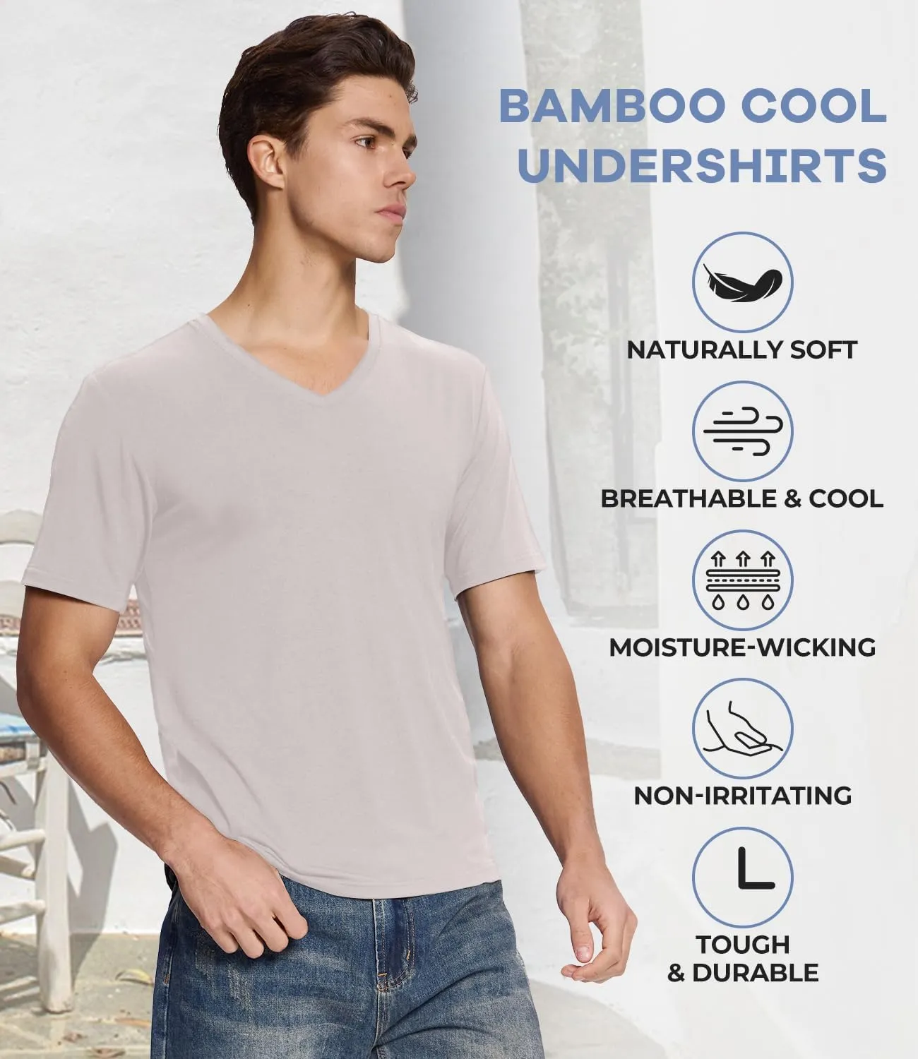 BAMBOO COOL Men's Undershirts Soft Stretch V Neck T-Shirts,Breathable and Moisture-Wicking White Tees for Men 3 Pack