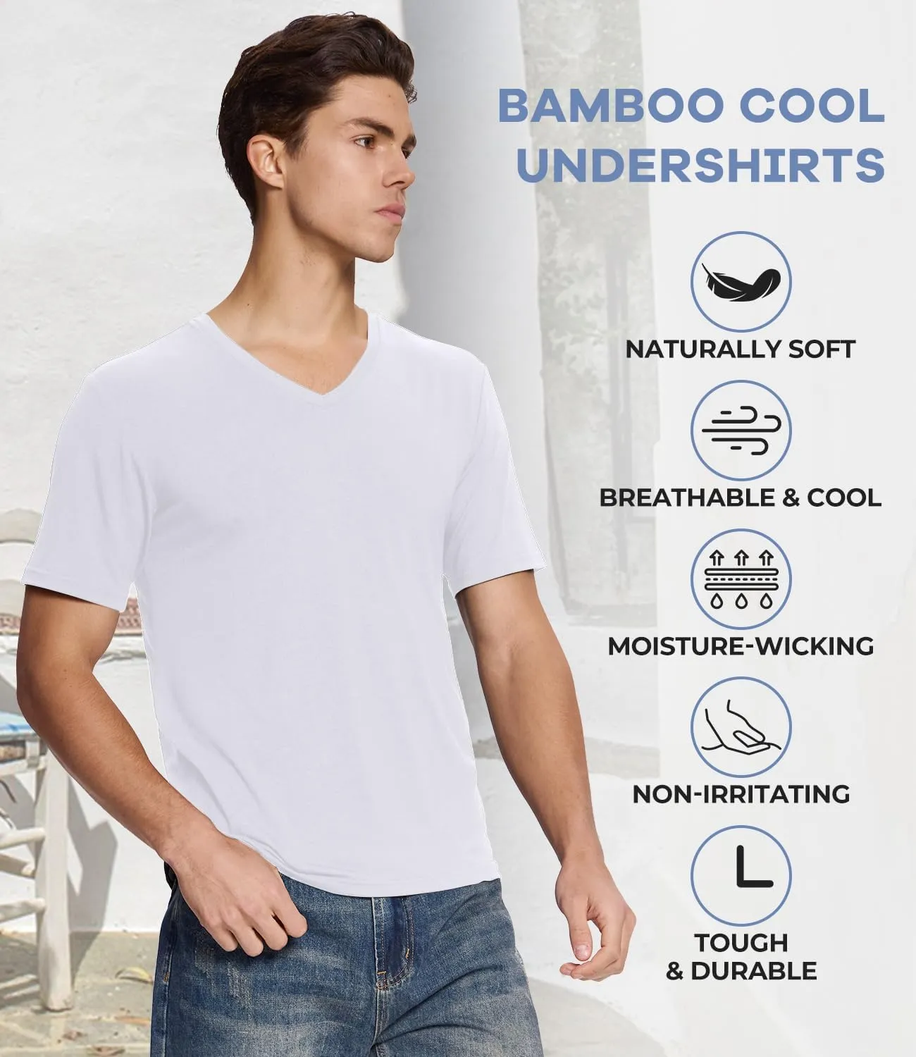 BAMBOO COOL Men's Undershirts Soft Stretch V Neck T-Shirts,Breathable and Moisture-Wicking White Tees for Men 3 Pack