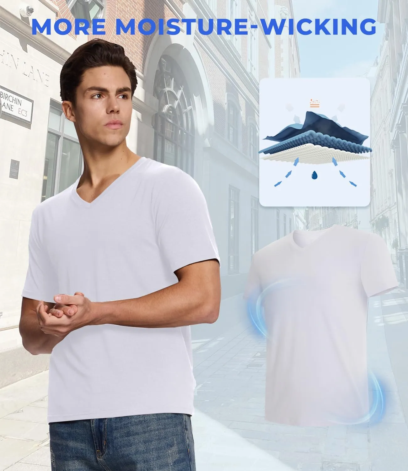 BAMBOO COOL Men's Undershirts Soft Stretch V Neck T-Shirts,Breathable and Moisture-Wicking White Tees for Men 3 Pack