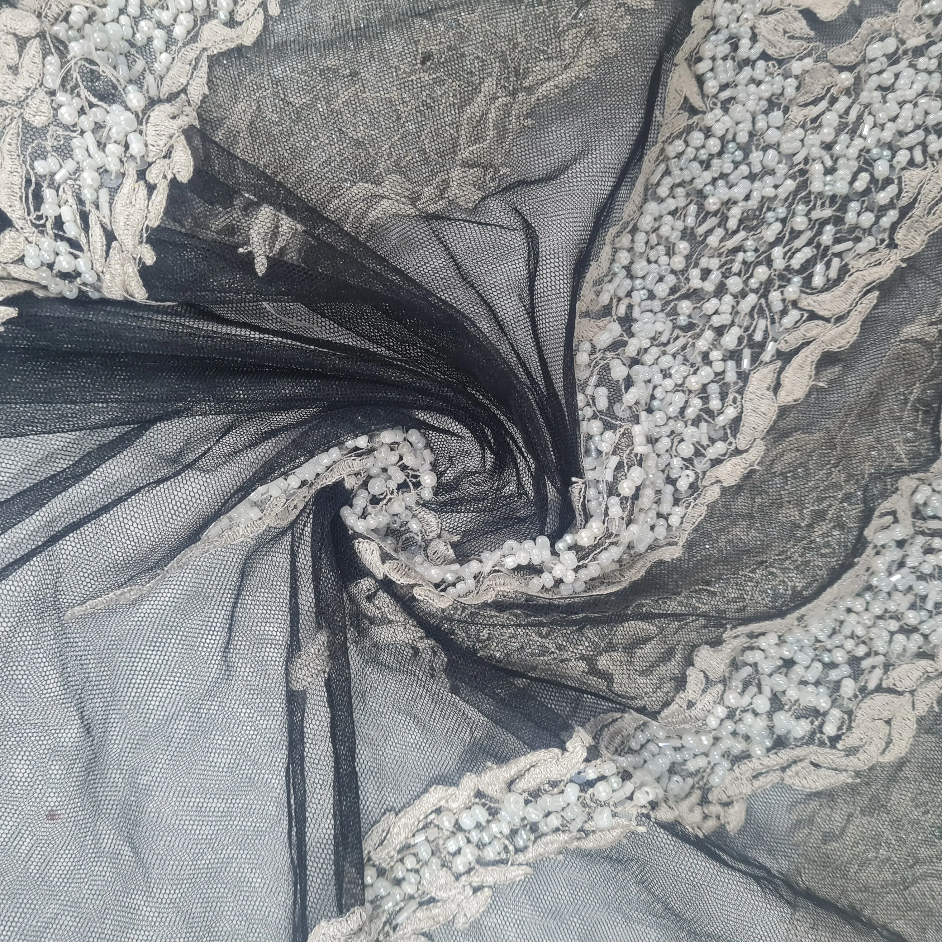 Black & White Floral Imported Pearl & Handwork Sequence Thread Embroidery Fabric