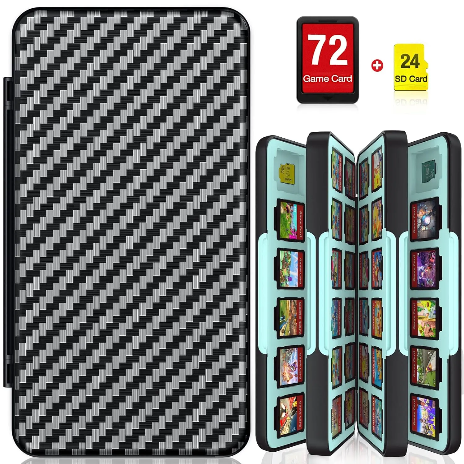 CYKOARMOR Switch Game Card Case Holder for Nintendo Switch/OLED/Lite - Hard Shell Case Organizer Cartridge Holder with 72 Game Slots & 24 Micro SD Card Slots, Magnetic Closure, Soft Rubber, Blue Black