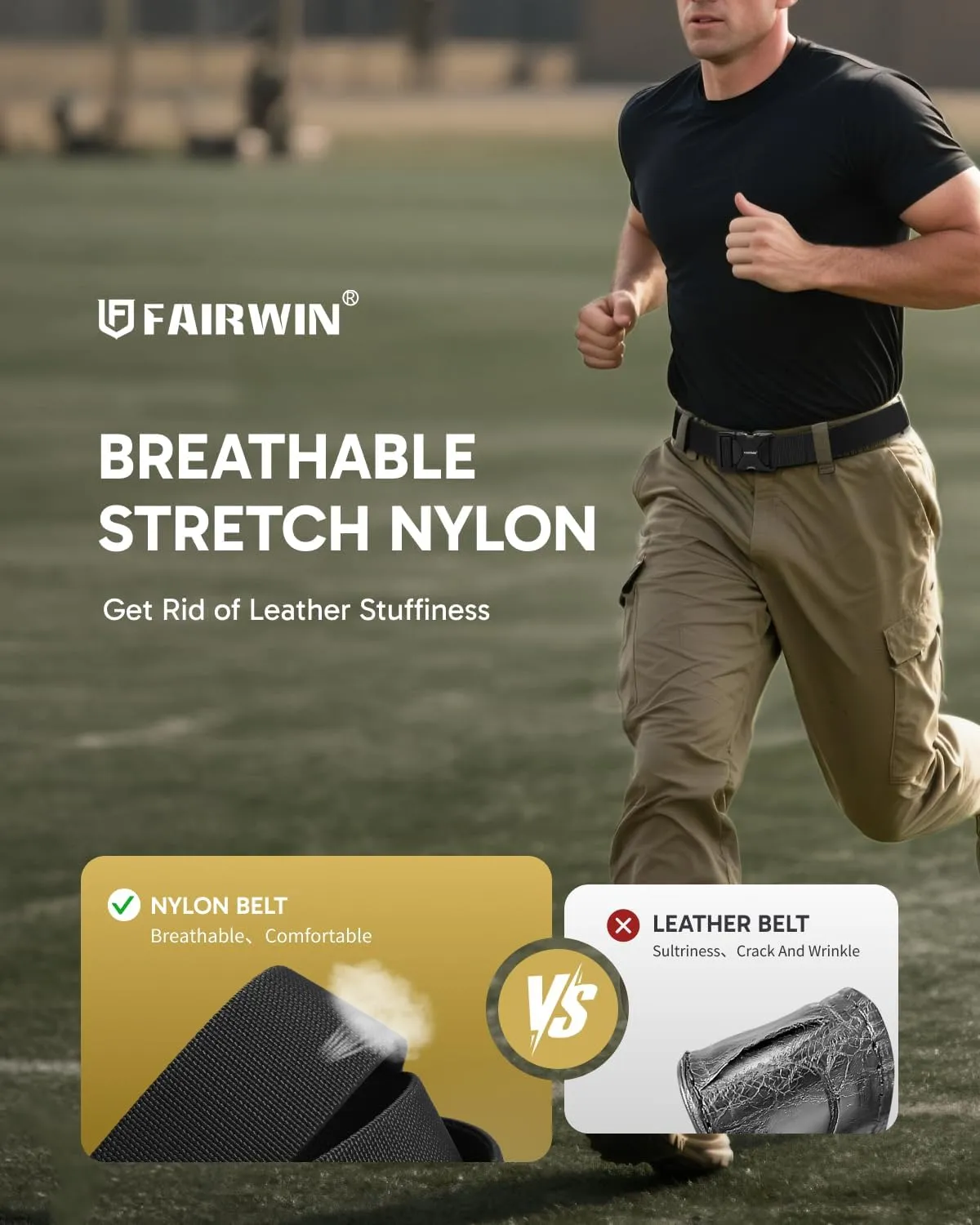 FAIRWIN Tactical Belt Men, 1.5" Stretch Nylon Web Military Hiking Rigger Work Belts with Quick-Release Seatbelt Buckle