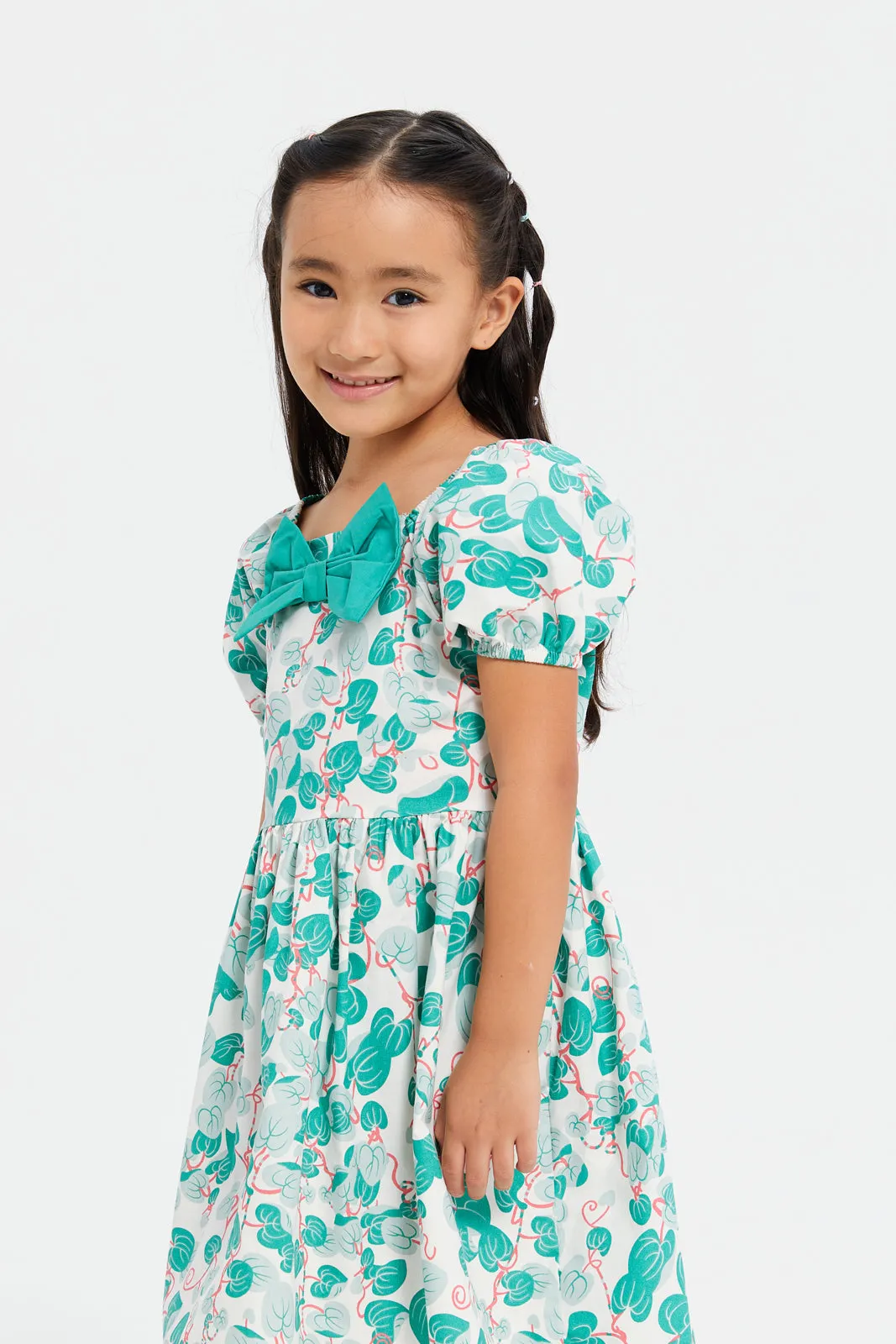 Girls Beige Puff Sleeve With Bow Dress