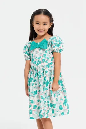 Girls Beige Puff Sleeve With Bow Dress