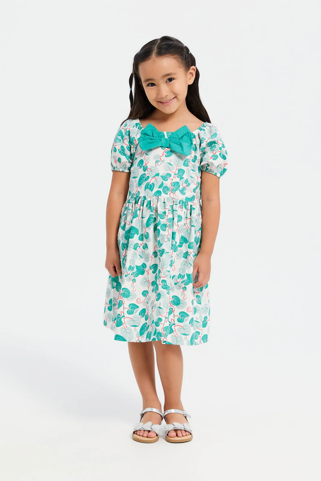 Girls Beige Puff Sleeve With Bow Dress