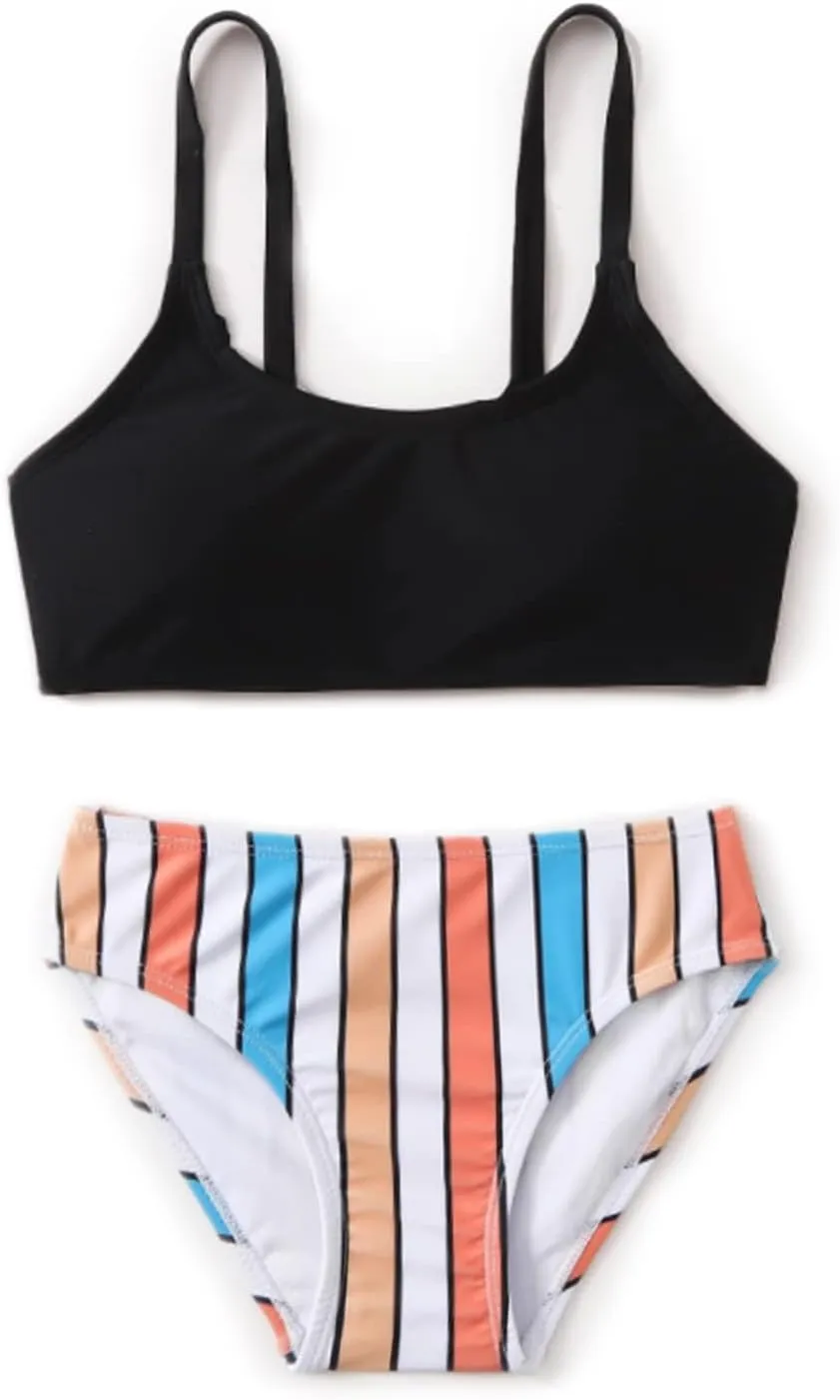 MIENOE Teen Girls' Swimsuits Two-Piece V-Neck Bikini Adjustable Shoulder Straps Swimsuit Kids Bikini with Chest Pad