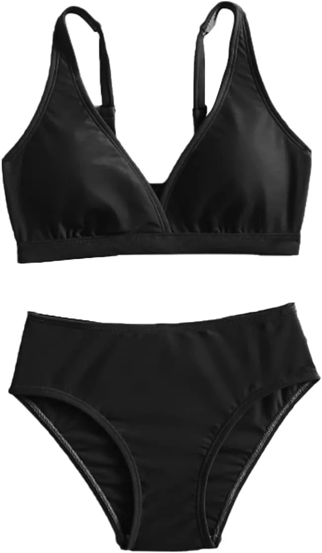 MIENOE Teen Girls' Swimsuits Two-Piece V-Neck Bikini Adjustable Shoulder Straps Swimsuit Kids Bikini with Chest Pad