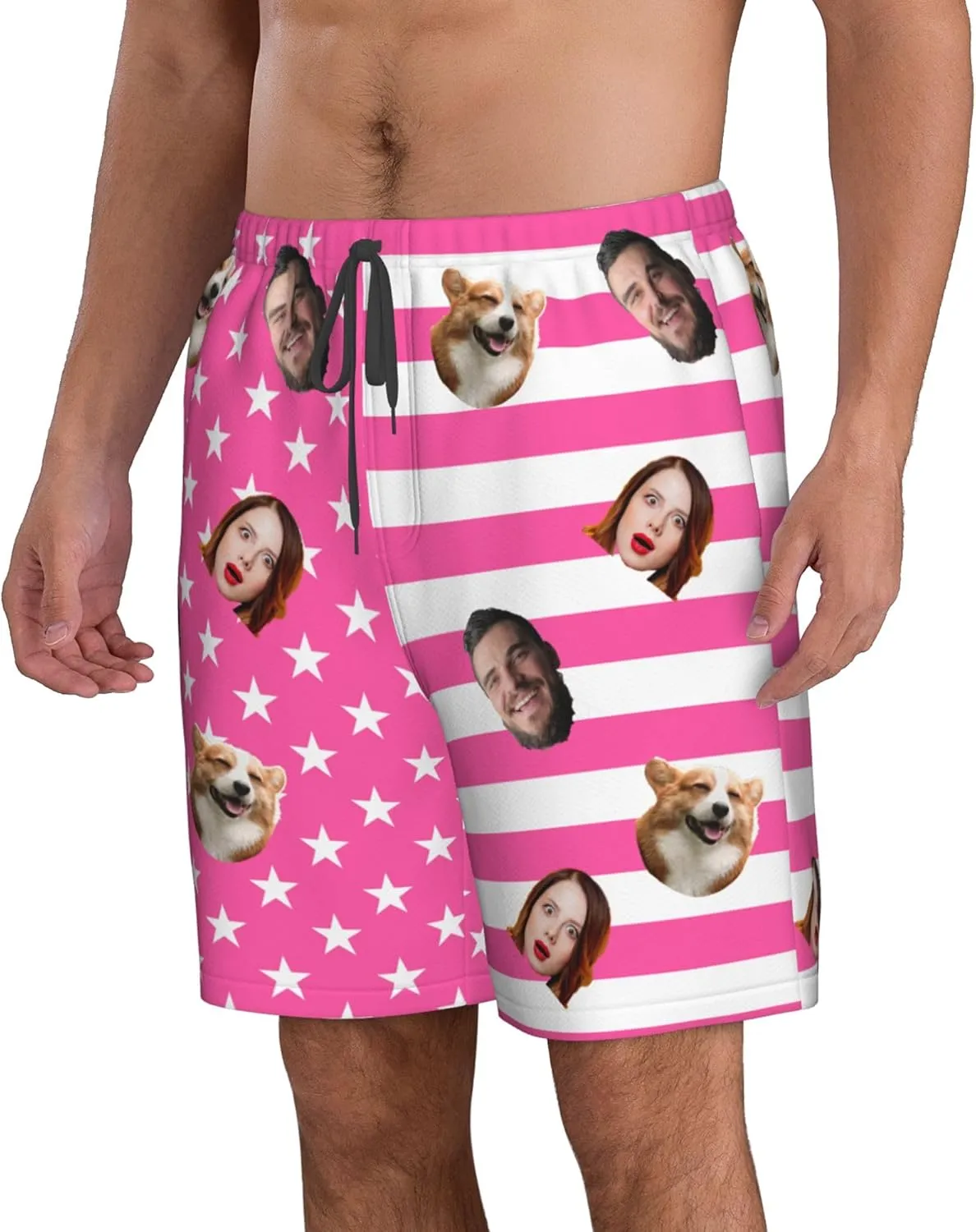 OHORTEB Custom American Flag Swim Trunks with Face, Personalized Photo Funny Beach Swim Board Shorts for Men