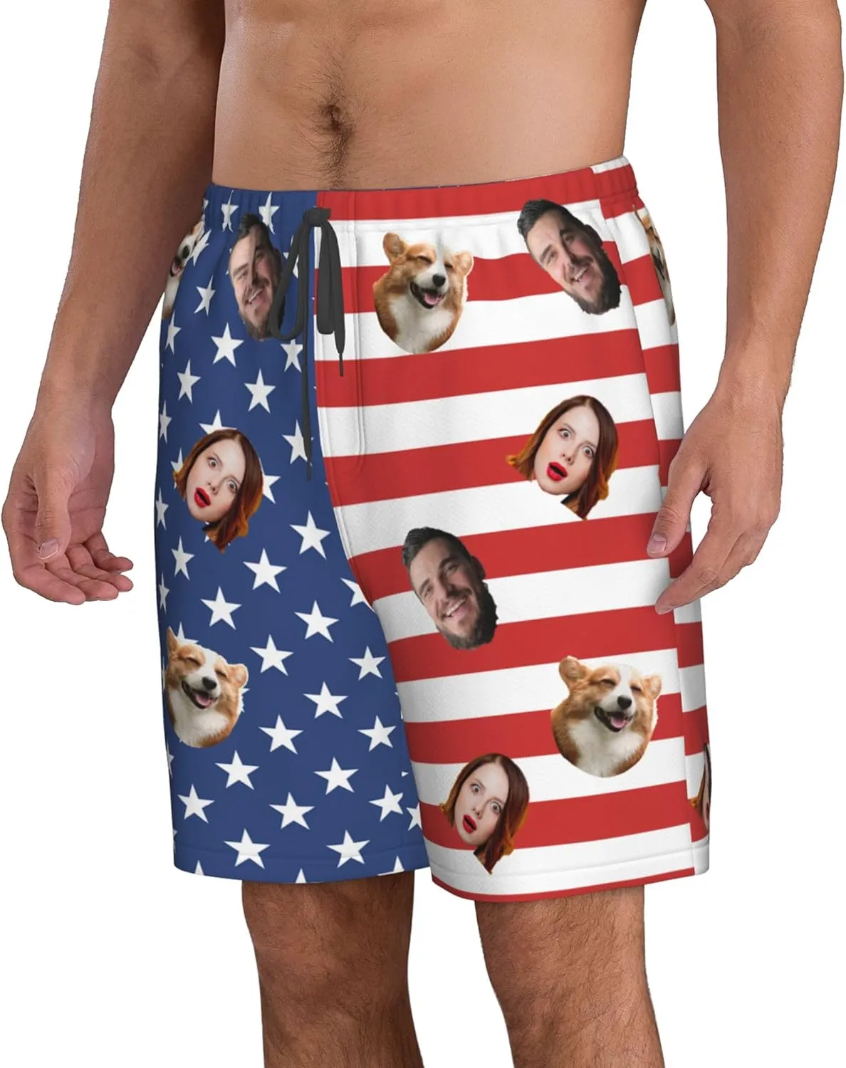 OHORTEB Custom American Flag Swim Trunks with Face, Personalized Photo Funny Beach Swim Board Shorts for Men