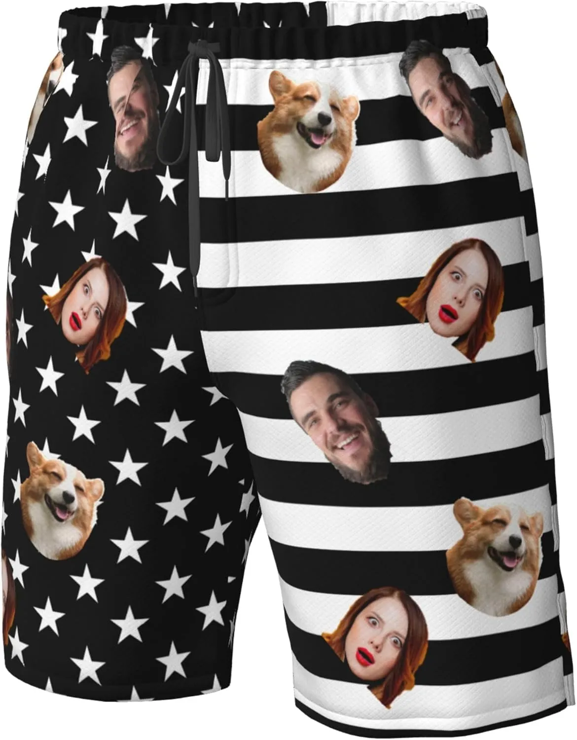 OHORTEB Custom American Flag Swim Trunks with Face, Personalized Photo Funny Beach Swim Board Shorts for Men