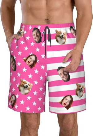 OHORTEB Custom American Flag Swim Trunks with Face, Personalized Photo Funny Beach Swim Board Shorts for Men
