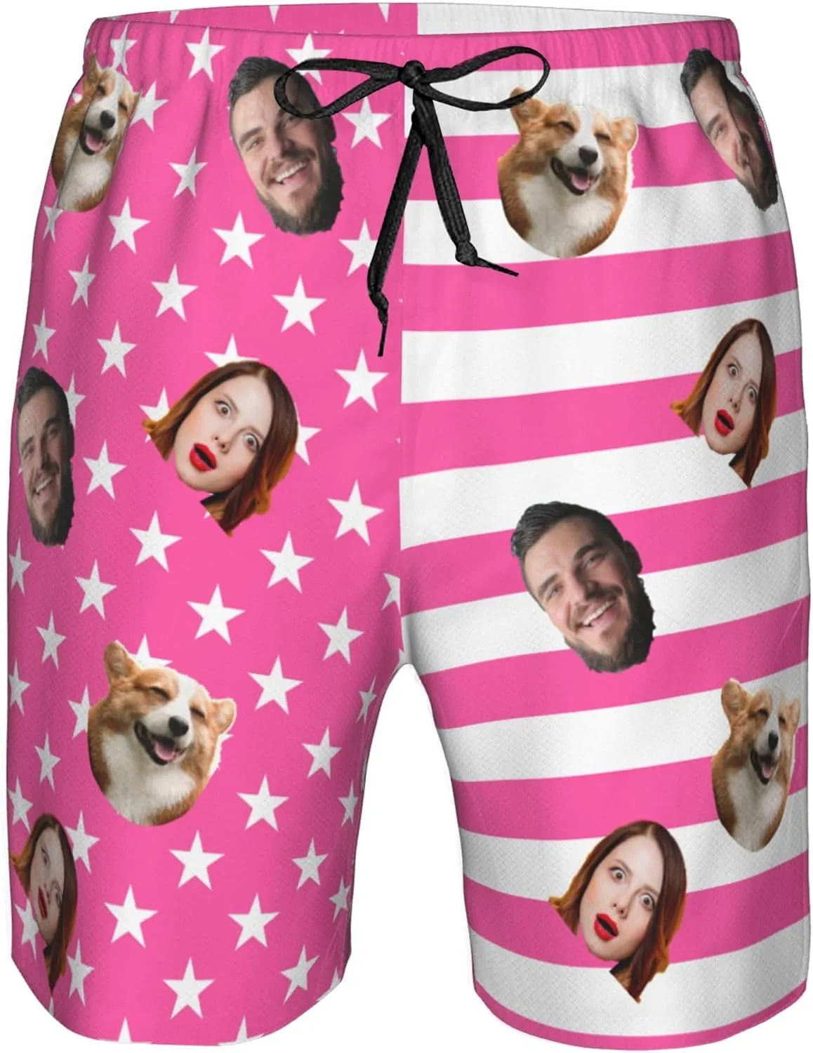 OHORTEB Custom American Flag Swim Trunks with Face, Personalized Photo Funny Beach Swim Board Shorts for Men