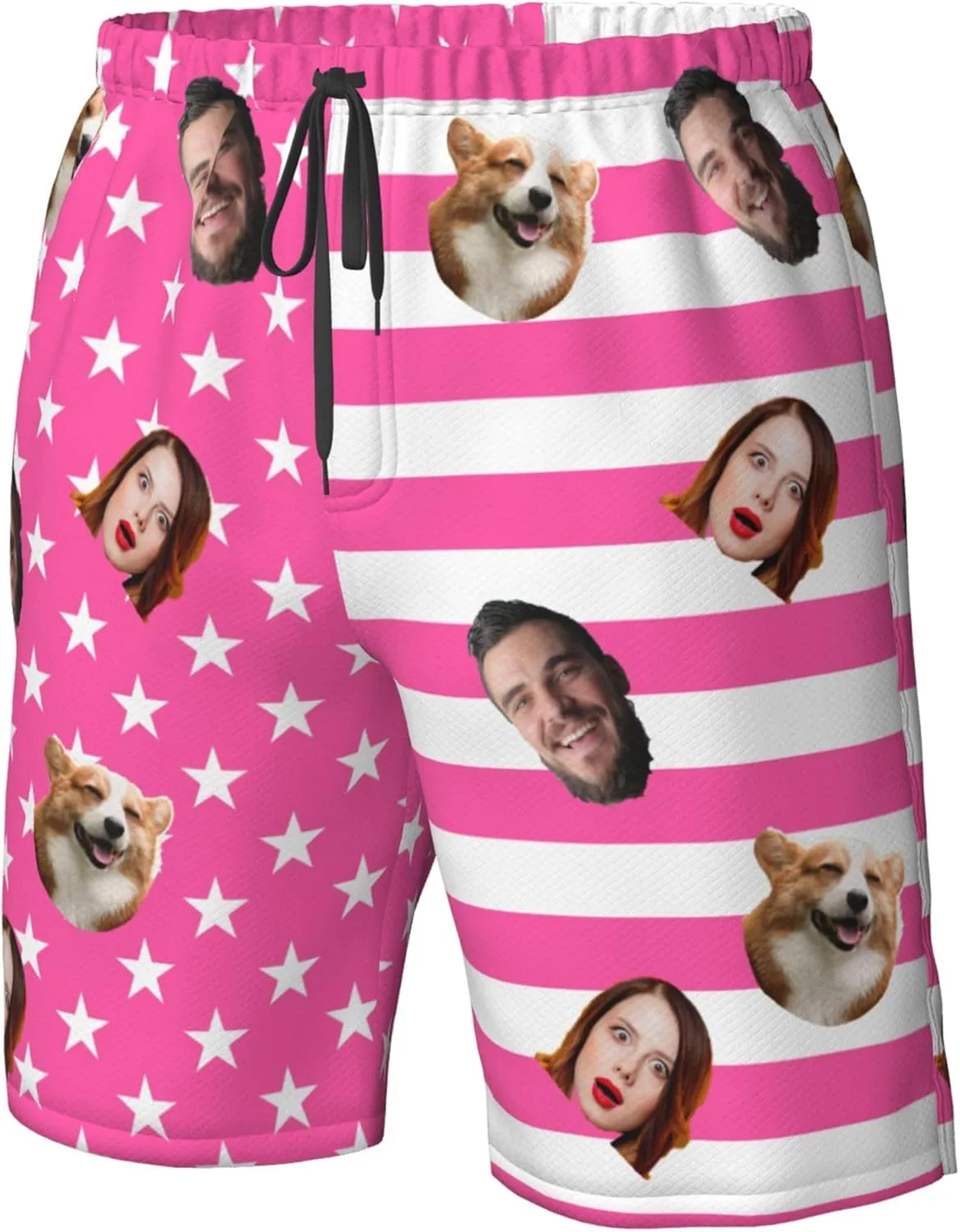 OHORTEB Custom American Flag Swim Trunks with Face, Personalized Photo Funny Beach Swim Board Shorts for Men