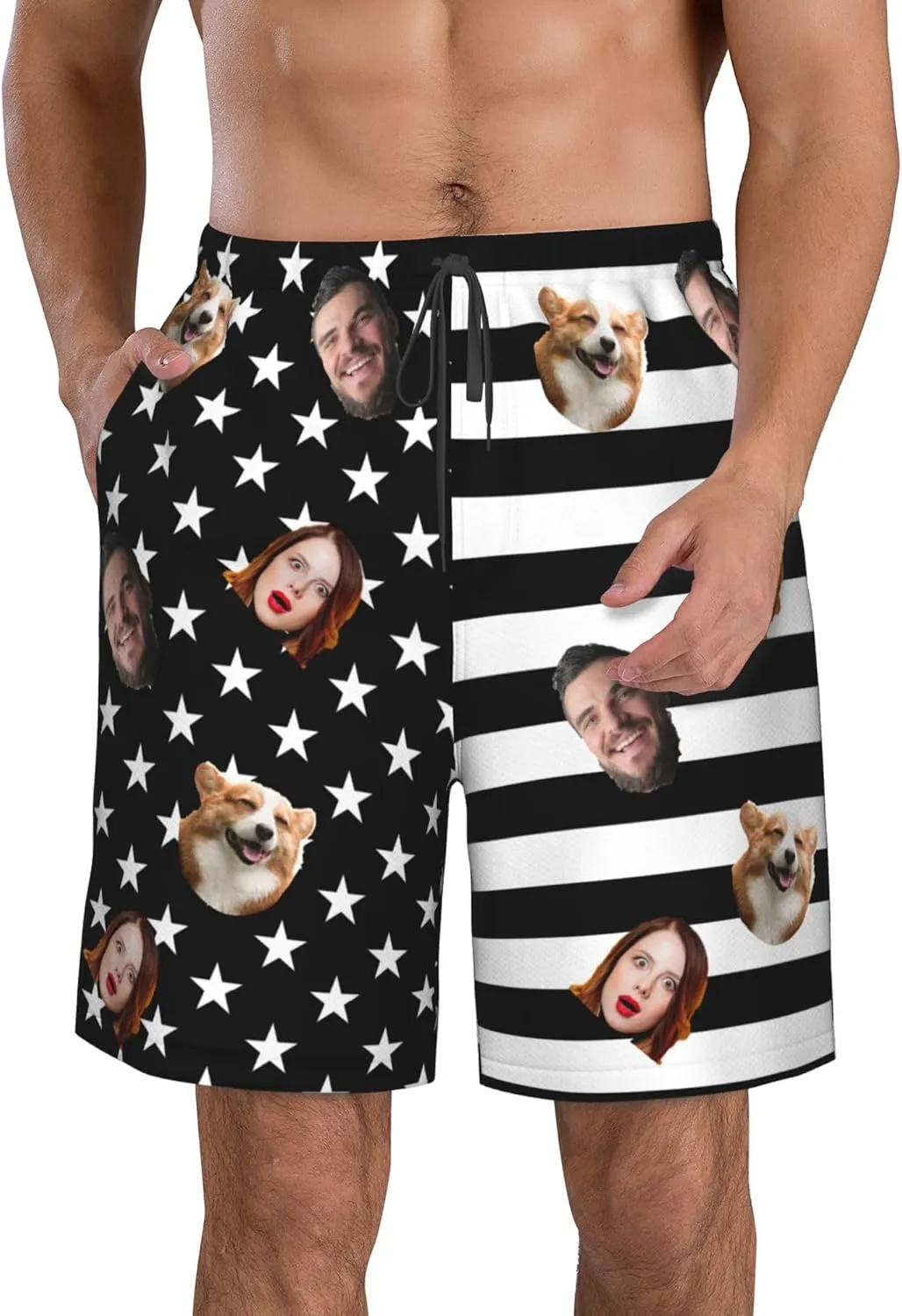 OHORTEB Custom American Flag Swim Trunks with Face, Personalized Photo Funny Beach Swim Board Shorts for Men