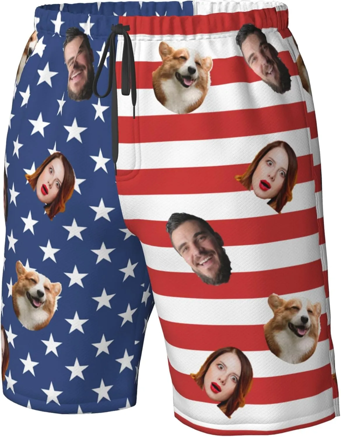 OHORTEB Custom American Flag Swim Trunks with Face, Personalized Photo Funny Beach Swim Board Shorts for Men