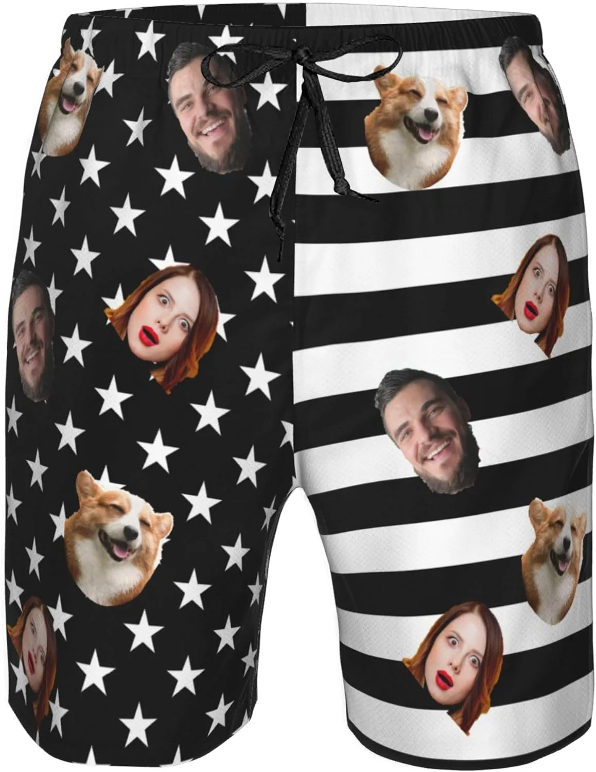 OHORTEB Custom American Flag Swim Trunks with Face, Personalized Photo Funny Beach Swim Board Shorts for Men