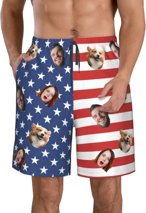 OHORTEB Custom American Flag Swim Trunks with Face, Personalized Photo Funny Beach Swim Board Shorts for Men
