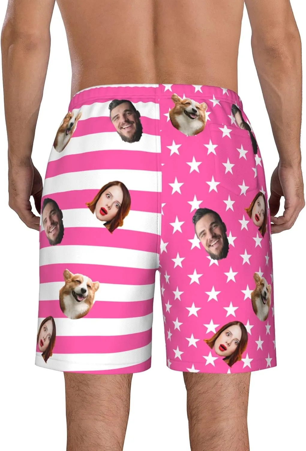 OHORTEB Custom American Flag Swim Trunks with Face, Personalized Photo Funny Beach Swim Board Shorts for Men