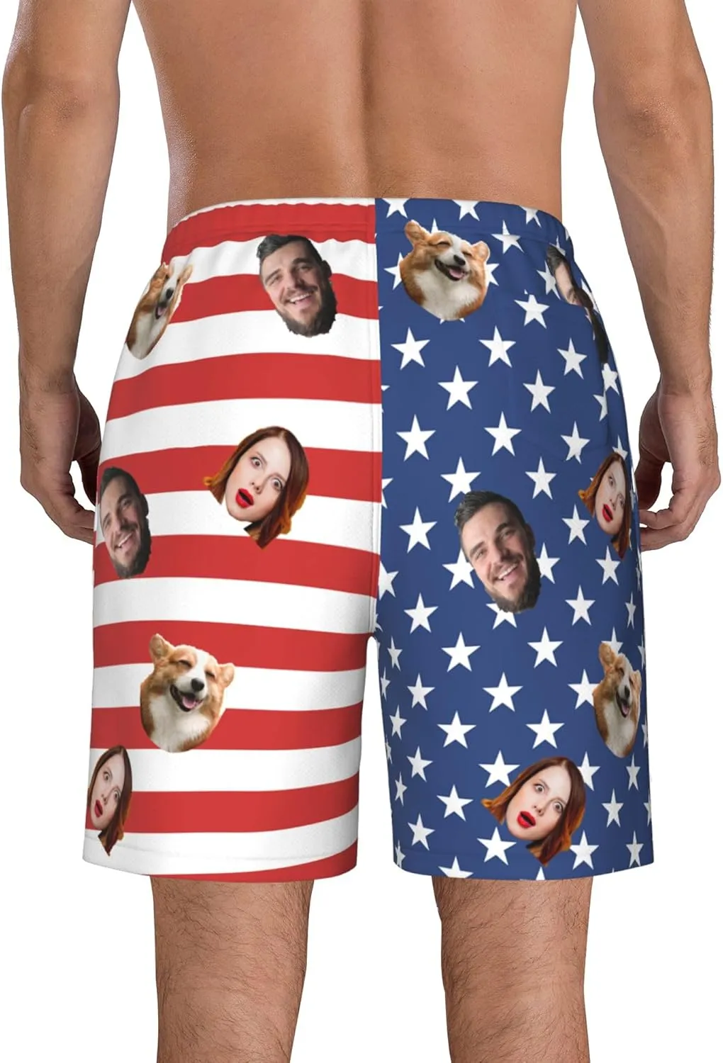 OHORTEB Custom American Flag Swim Trunks with Face, Personalized Photo Funny Beach Swim Board Shorts for Men