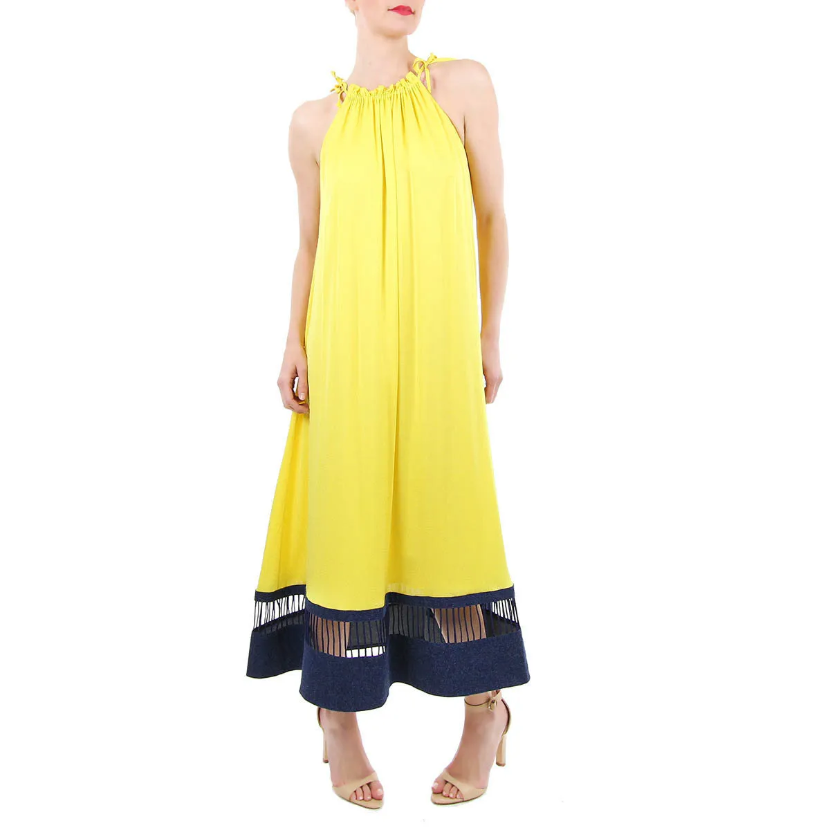 Petal Dress - Silk Midi Dress with Denim Detail