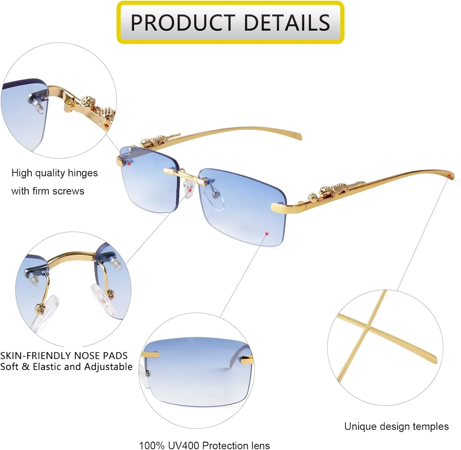 SDINM Rimless Sunglasses for Men Women Fashion Small Narrow Rectangle Sun Glasses Shades 90s Eyewear