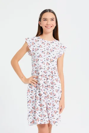 Senior Girls White Floral Ruffled Sleeve Printed Knitted Dress
