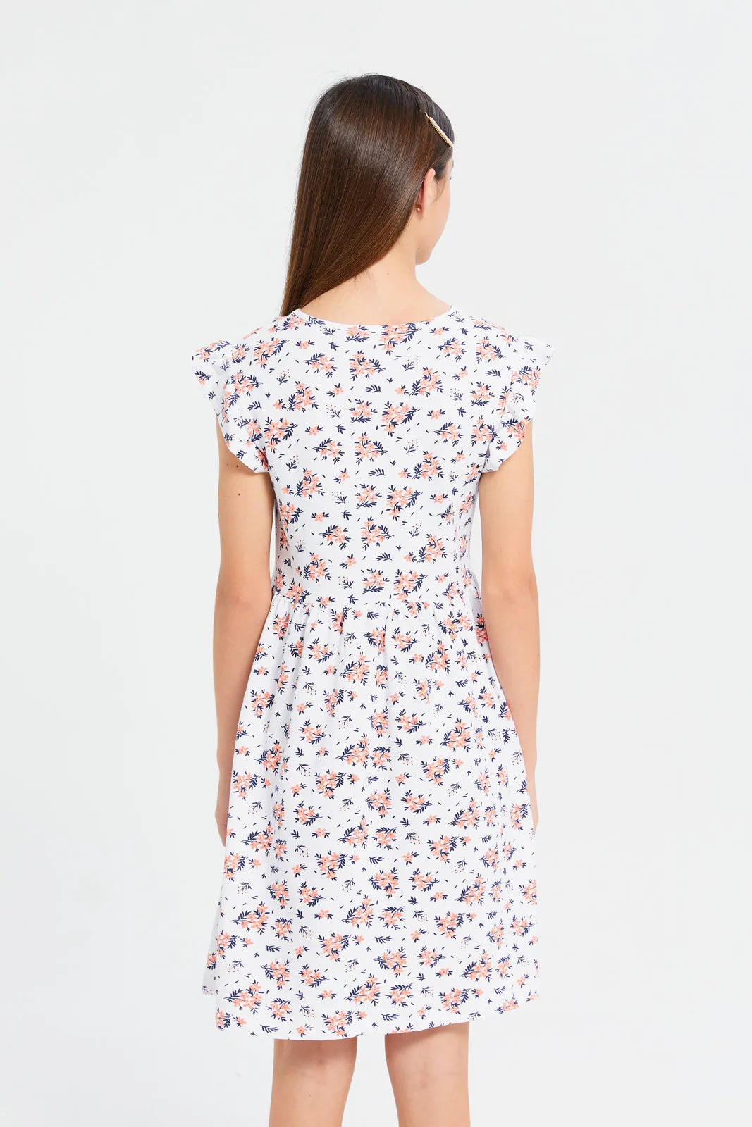 Senior Girls White Floral Ruffled Sleeve Printed Knitted Dress