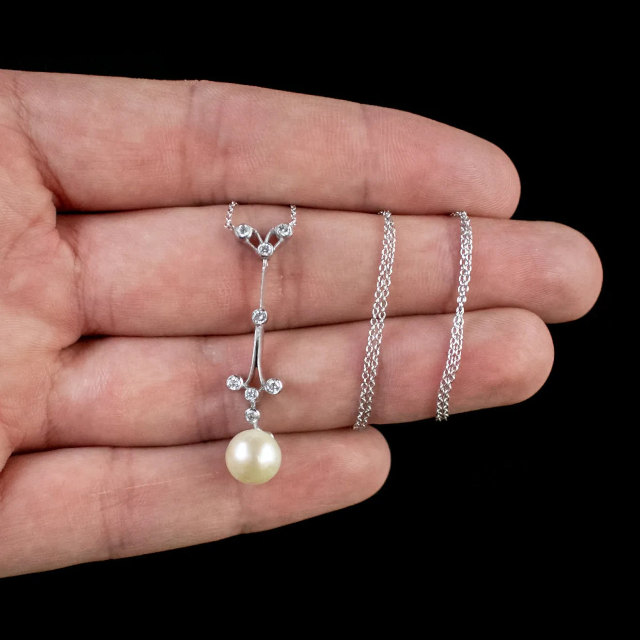 Vintage Pearl Diamond Lavaliere Pendant Necklace 18Ct White Gold