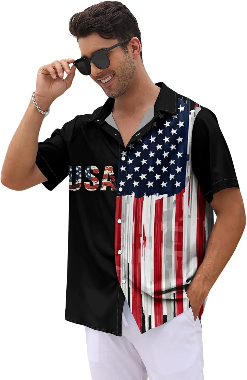 WHO IN SHOP Men's 4th of July American Flag Patriotic Shirts Short Sleeve Button Up USA Memorial Day Shirts