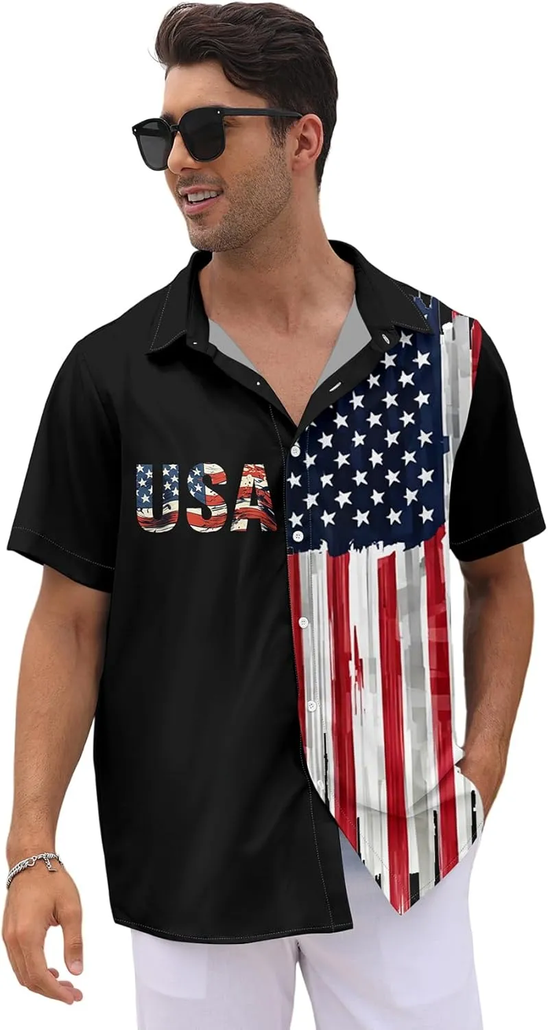 WHO IN SHOP Men's 4th of July American Flag Patriotic Shirts Short Sleeve Button Up USA Memorial Day Shirts