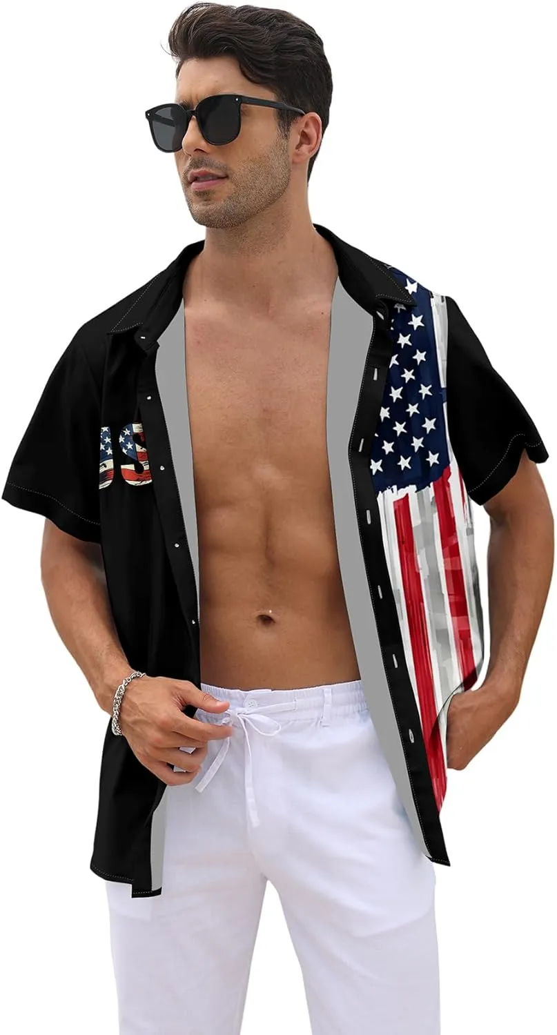 WHO IN SHOP Men's 4th of July American Flag Patriotic Shirts Short Sleeve Button Up USA Memorial Day Shirts