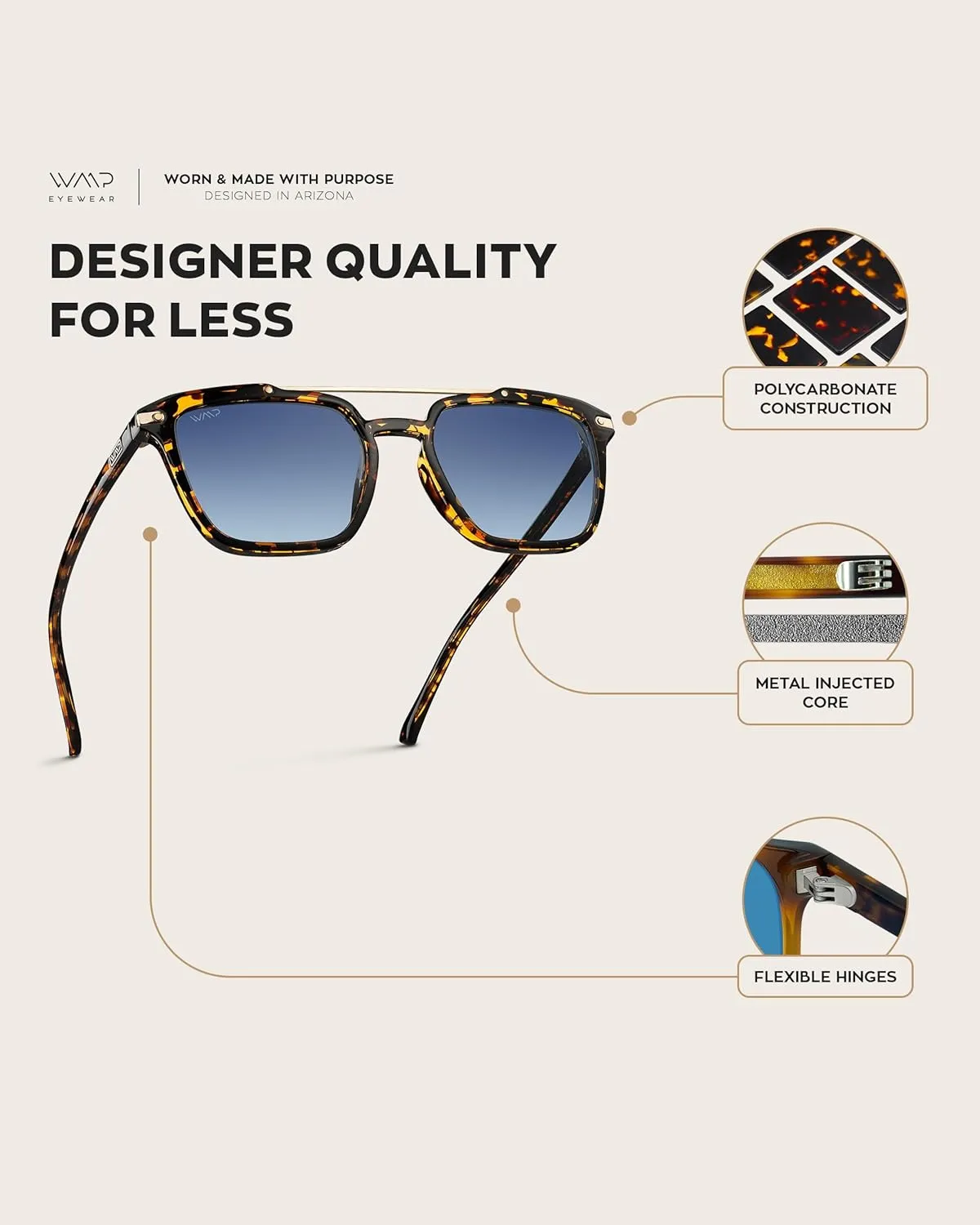 WMP Eyewear - Modern Men's Square Aviator Sunglasses - Double Metal Bridge with Polarized Lens
