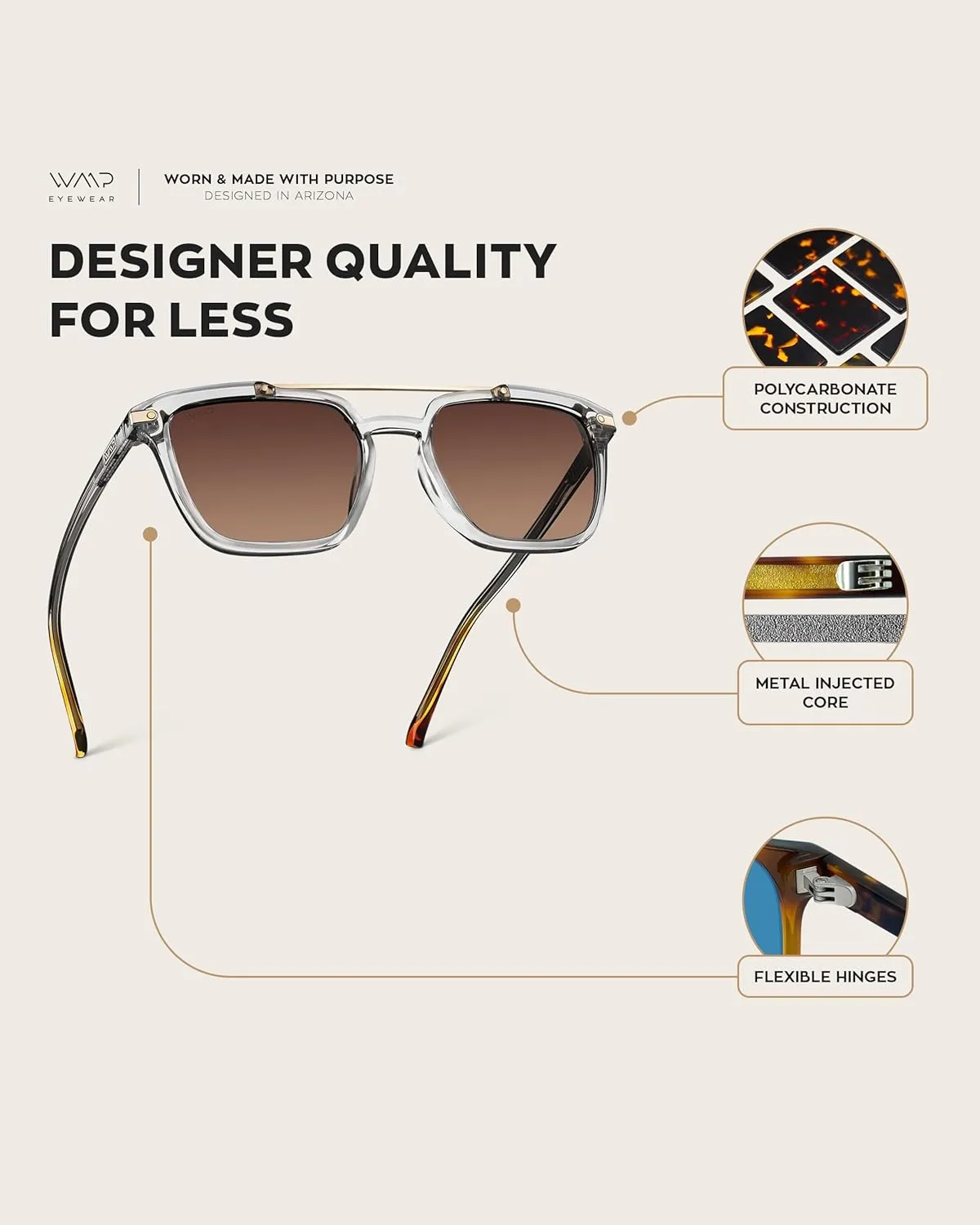 WMP Eyewear - Modern Men's Square Aviator Sunglasses - Double Metal Bridge with Polarized Lens