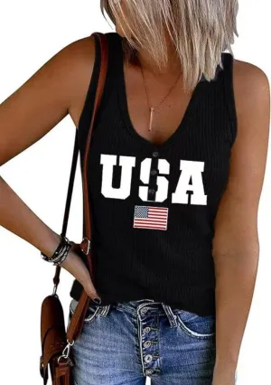 Womens American Flag Button V-Neck Tank Coloful Printed Sleeveless Patriotic Shirts Summer Tops