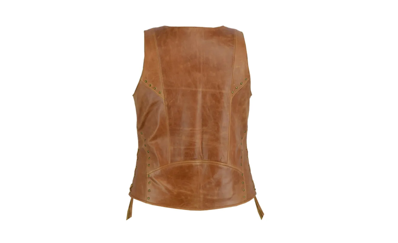 Women’s Brown Zippered Motorcycle Vest with Lacing
