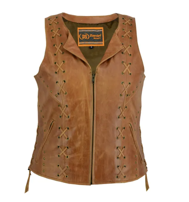 Women’s Brown Zippered Motorcycle Vest with Lacing