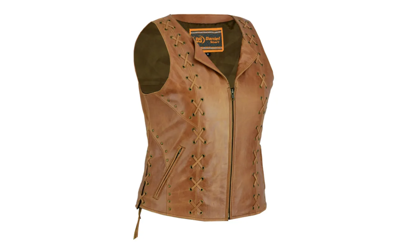 Women’s Brown Zippered Motorcycle Vest with Lacing