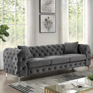 Wooden Twist Sapphira Modern Elegant Button Tufted Design Solid Wood 3 Seater Sofa with Comfortable Cushions ( Metal Legs )