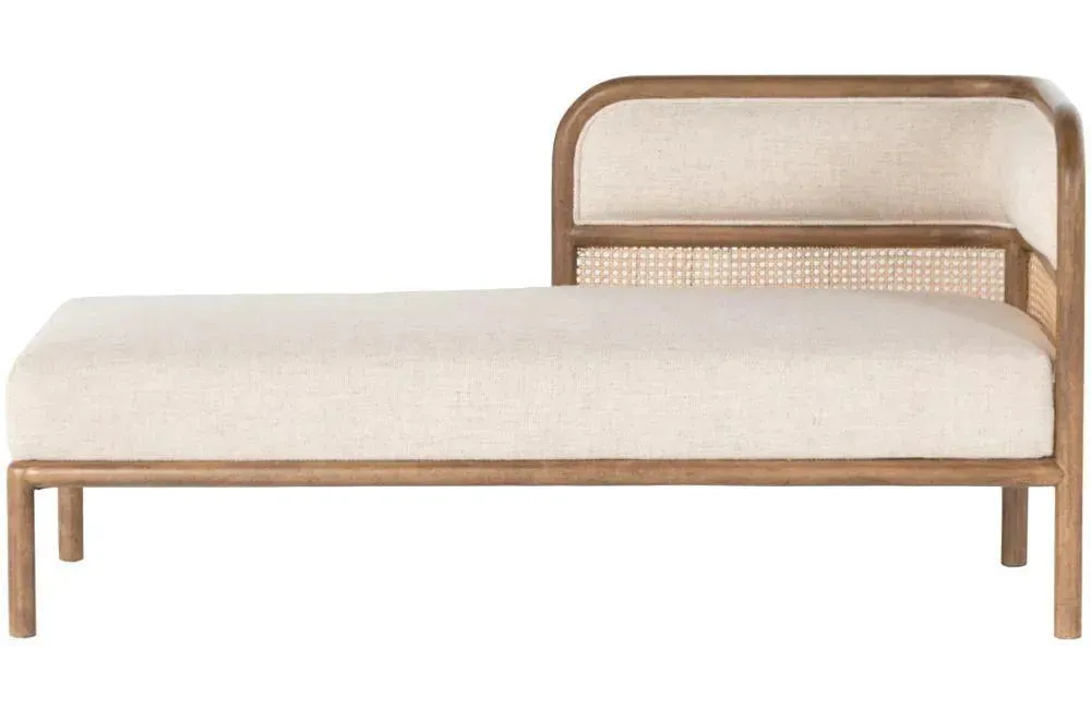 Wooden Twist Teak Wood Chaise Lounge with Curved Framing and Natural Cane Rattan Paneling - Plush Seating in Soft Fabric